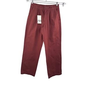 Zara Men's Burgundy Pleated relaxed crop Chino pants 90s dandy sz M